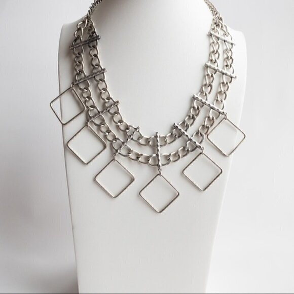 Asymmetrical Chunky Silver Tone Necklace Modernist Brutalist Abstract Geometric - Picture 1 of 6